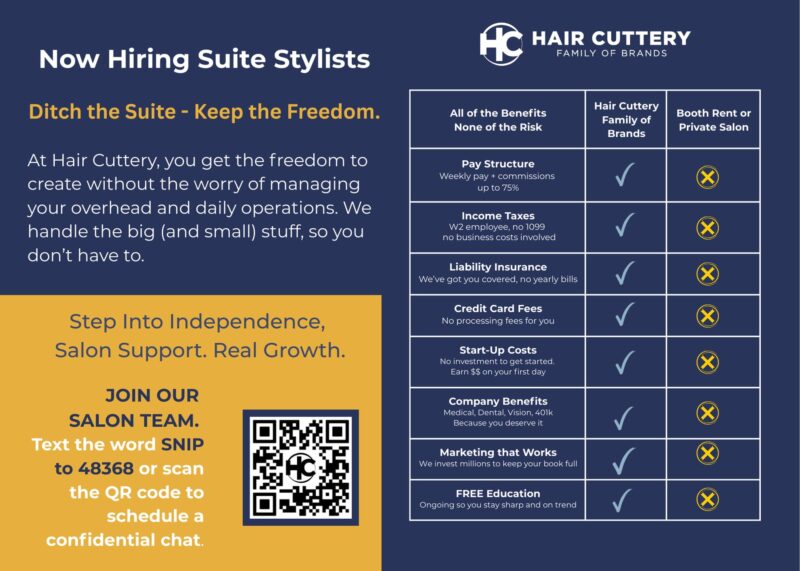"Now Hiring Suite Stylists" brochure